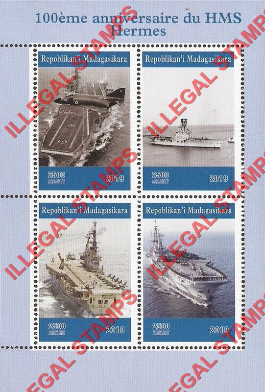 Madagascar 2019 Aircraft Carrier HMS Hermes Illegal Stamp Souvenir Sheet of 4 Madagascar 2019 Aircraft Carrier HMS Hermes Illegal Stamp Souvenir Sheet of 4