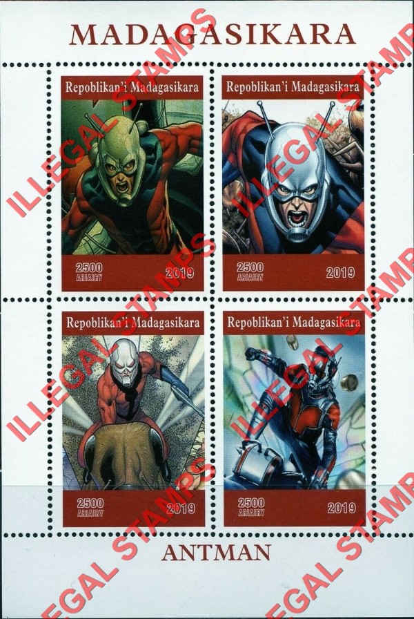 Madagascar 2019 Antman Illegal Stamp Souvenir Sheet of 4 Madagascar 2019 Antman Illegal Stamp Souvenir Sheet of 4