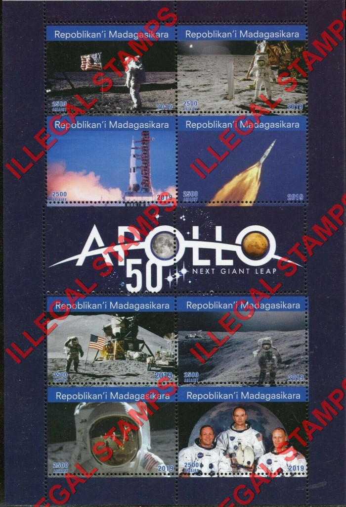 Madagascar 2019 Apollo 11 50th Anniversary Illegal Stamp Souvenir Sheet of 8 Madagascar 2019 Apollo 11 50th Anniversary Illegal Stamp Souvenir Sheet of 8