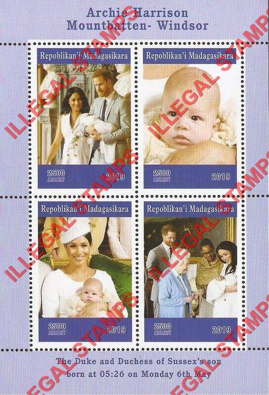 Madagascar 2019 Archie Harrison Mountbatten Windsor Illegal Stamp Souvenir Sheet of 4 Madagascar 2019 Archie Harrison Mountbatten Windsor Illegal Stamp Souvenir Sheet of 4