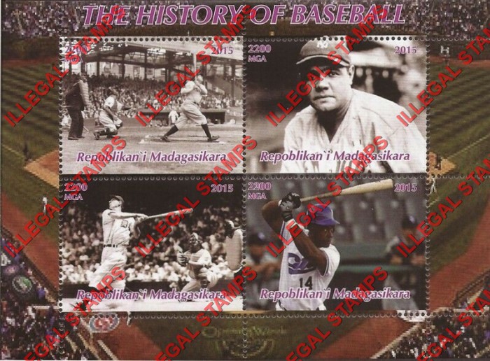Madagascar 2019 Baseball History Illegal Stamp Souvenir Sheet of 4 Madagascar 2019 Baseball History Illegal Stamp Souvenir Sheet of 4