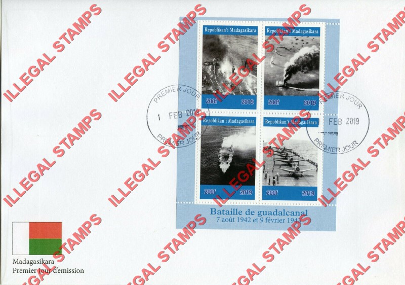 Madagascar 2019 Battle of Guadalcanal Illegal Stamp Souvenir Sheet of 4 Fake First Day Cover Dated February Madagascar 2019 Battle of Guadalcanal Illegal Stamp Souvenir Sheet of 4 Fake First Day Cover Dated February