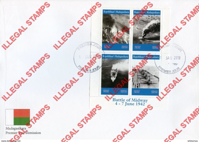 Madagascar 2019 Battle of Guadalcanal Illegal Stamp Souvenir Sheet of 4 Fake First Day Cover Dated January Madagascar 2019 Battle of Midway Illegal Stamp Souvenir Sheet of 4 Fake First Day Cover Dated January