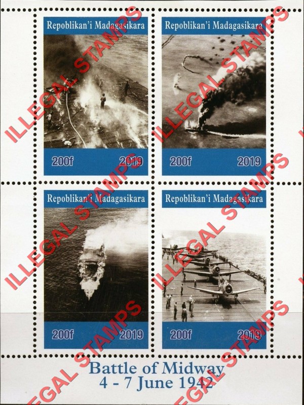 Madagascar 2019 Battle of Midway Illegal Stamp Souvenir Sheet of 4 Madagascar 2019 Battle of Midway Illegal Stamp Souvenir Sheet of 4