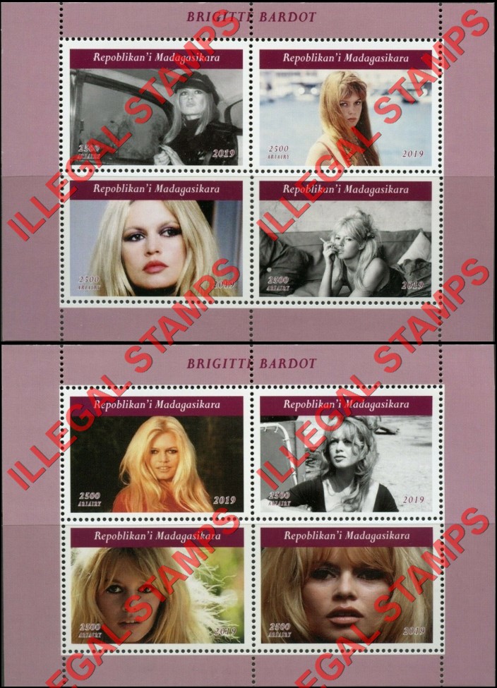 Madagascar 2019 Brigitte Bardot Illegal Stamp Souvenir Sheets of 4 Madagascar 2019 Brigitte Bardot Illegal Stamp Souvenir Sheets of 4