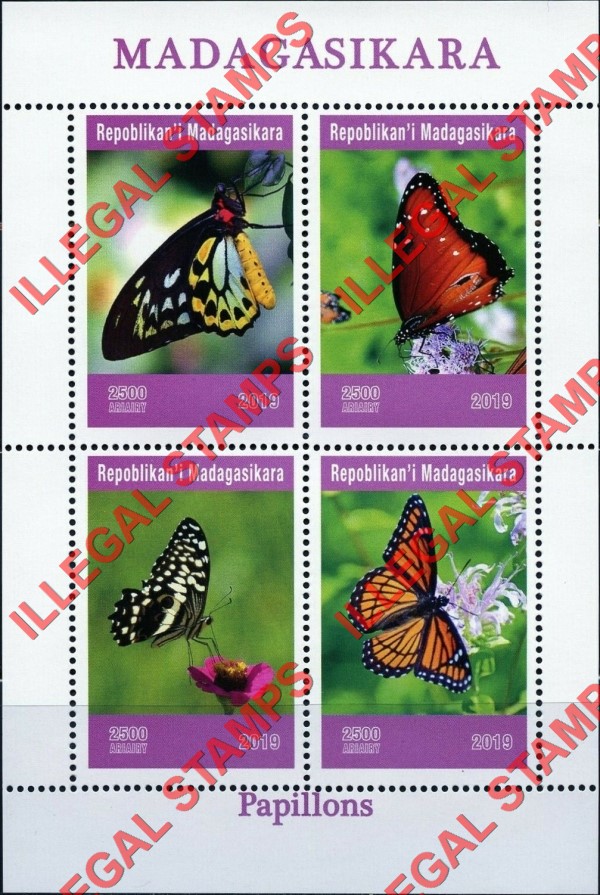 Madagascar 2019 Butterflies Illegal Stamp Souvenir Sheet of 4 Madagascar 2019 Butterflies Illegal Stamp Souvenir Sheet of 4