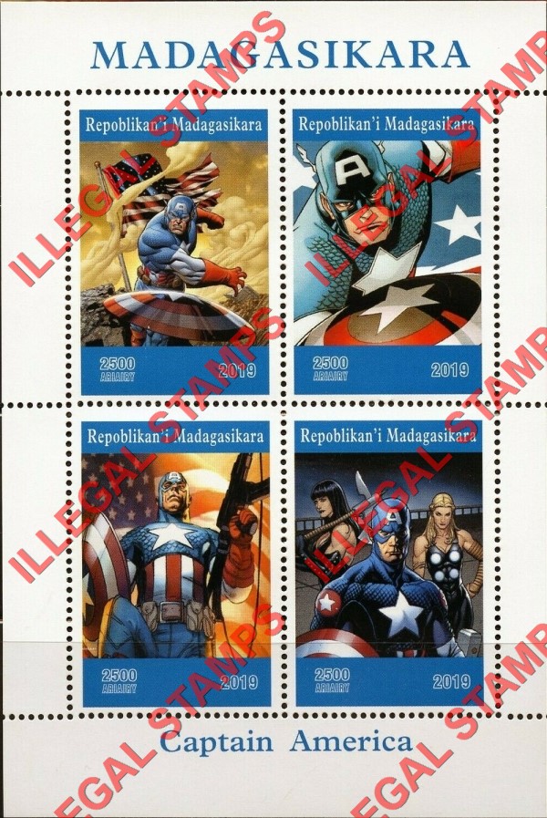 Madagascar 2019 Captain America Illegal Stamp Souvenir Sheet of 4 Madagascar 2019 Captain America Illegal Stamp Souvenir Sheet of 4