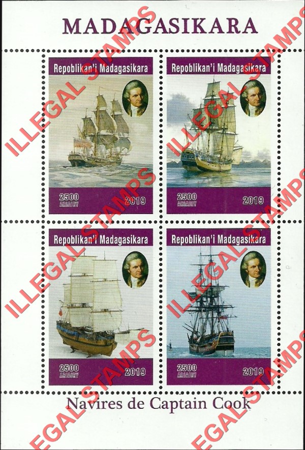 Madagascar 2019 Captain Cook Ships Illegal Stamp Souvenir Sheet of 4 Madagascar 2019 Captain Cook Ships Illegal Stamp Souvenir Sheet of 4