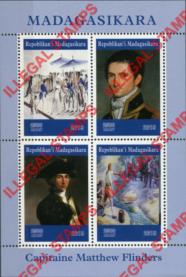 Madagascar 2019 Captain Flinders Illegal Stamp Souvenir Sheet of 4 Madagascar 2019 Captain Flinders Illegal Stamp Souvenir Sheet of 4