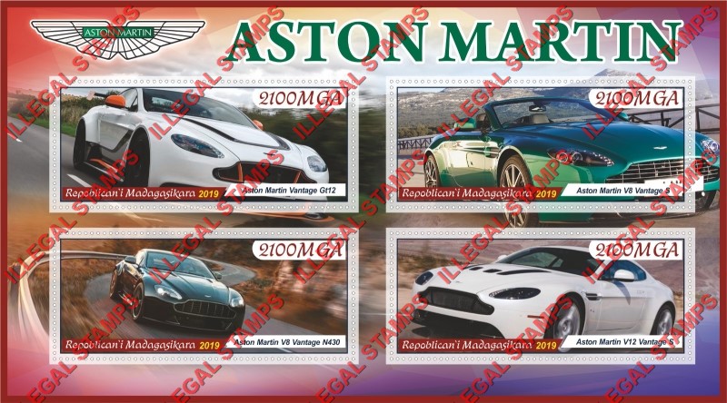 Madagascar 2019 Cars Aston Martin Illegal Stamp Souvenir Sheet of 4 Madagascar 2019 Cars Aston Martin Illegal Stamp Souvenir Sheet of 4