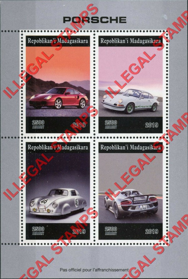 Madagascar 2019 Cars Porsche Illegal Stamp Souvenir Sheet of 4 Madagascar 2019 Cars Porsche Illegal Stamp Souvenir Sheet of 4
