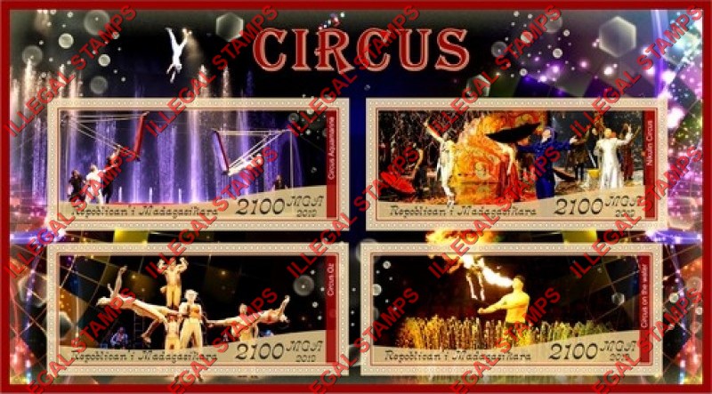 Madagascar 2019 Circus Illegal Stamp Souvenir Sheet of 4 Madagascar 2019 Circus Illegal Stamp Souvenir Sheet of 4