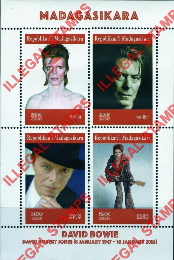 Madagascar 2019 David Bowie Illegal Stamp Souvenir Sheet of 4 Madagascar 2019 David Bowie Illegal Stamp Souvenir Sheet of 4