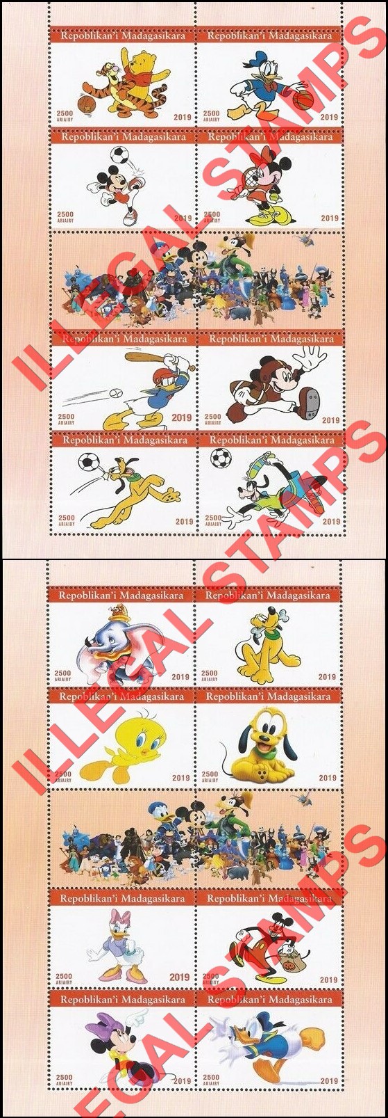 Madagascar 2019 Disney Characters Illegal Stamp Souvenir Sheets of 8 Madagascar 2019 Disney Characters Illegal Stamp Souvenir Sheets of 8