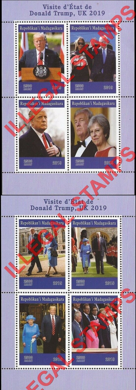 Madagascar 2019 Donald Trump Visit to the United Kingdom Illegal Stamp Souvenir Sheets of 4 Madagascar 2019 Donald Trump Visit to the United Kingdom Illegal Stamp Souvenir Sheets of 4