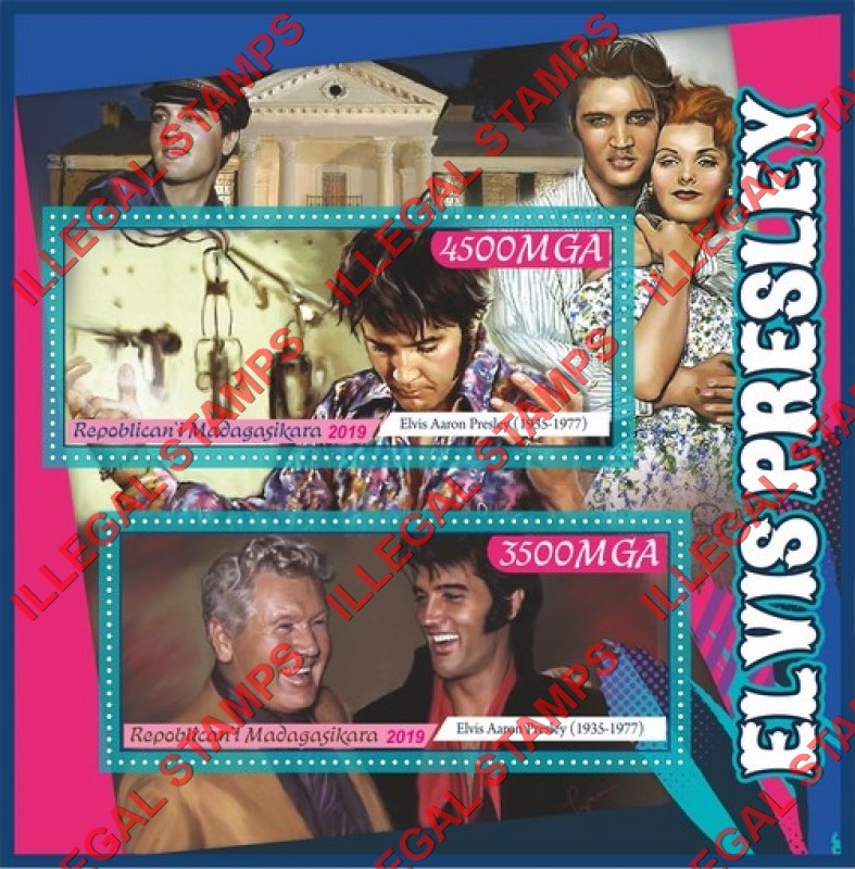 Madagascar 2019 Elvis Presley Illegal Stamp Souvenir Sheet of 2 Madagascar 2019 Elvis Presley Illegal Stamp Souvenir Sheet of 2