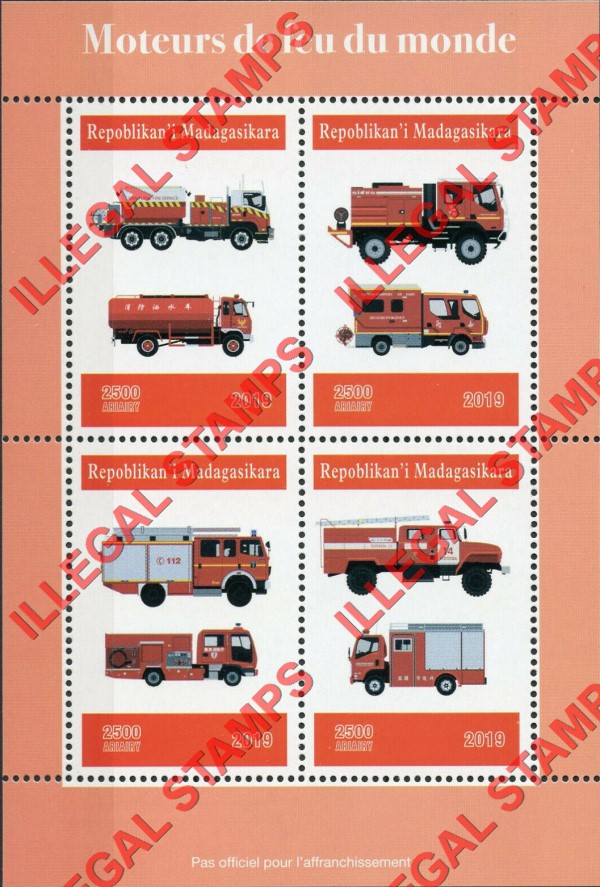 Madagascar 2019 Fire Engines of the World Illegal Stamp Souvenir Sheet of 4 Madagascar 2019 Fire Engines of the World Illegal Stamp Souvenir Sheet of 4