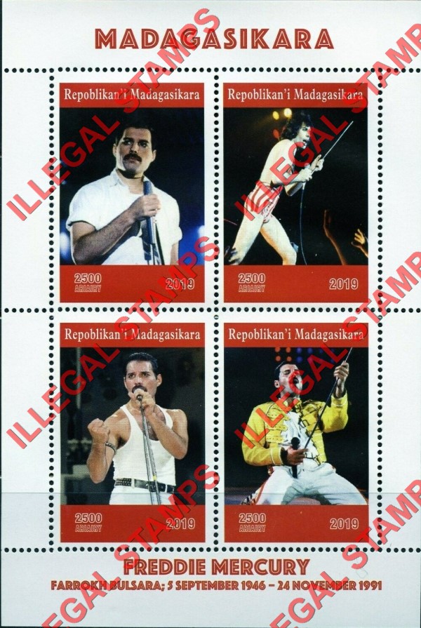 Madagascar 2019 Freddie Mercury Illegal Stamp Souvenir Sheet of 4 Madagascar 2019 Freddie Mercury Illegal Stamp Souvenir Sheet of 4