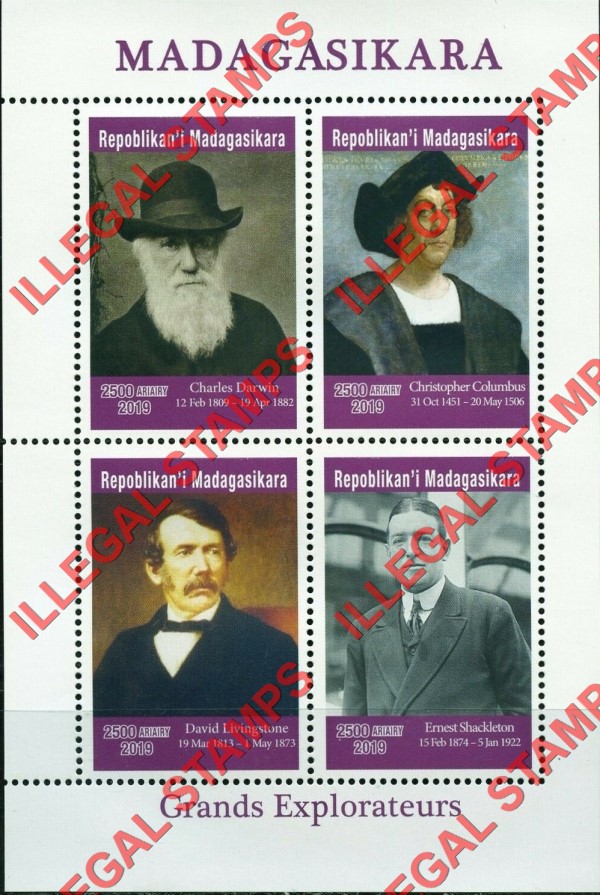 Madagascar 2019 Great Explorers Illegal Stamp Souvenir Sheet of 4 (Sheet 1) Madagascar 2019 Great Explorers Illegal Stamp Souvenir Sheet of 4 (Sheet 1)