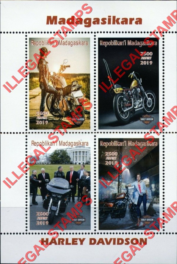 Madagascar 2019 Harley Davidson Motorcycles Illegal Stamp Souvenir Sheet of 4 Madagascar 2019 Harley Davidson Motorcycles Illegal Stamp Souvenir Sheet of 4