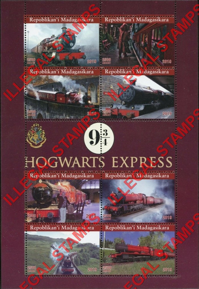Madagascar 2019 Harry Potter Hogwarts Express Illegal Stamp Souvenir Sheet of 8 Madagascar 2019 Harry Potter Hogwarts Express Illegal Stamp Souvenir Sheet of 8