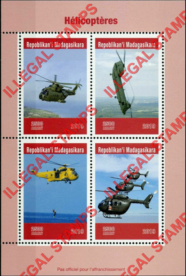 Madagascar 2019 Helicopters Illegal Stamp Souvenir Sheet of 4 Madagascar 2019 Helicopters Illegal Stamp Souvenir Sheet of 4