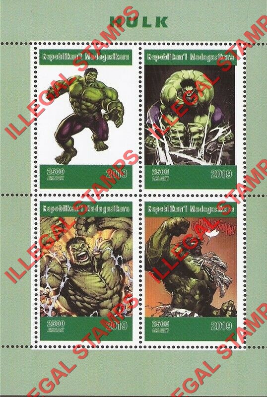Madagascar 2019 Hulk Illegal Stamp Souvenir Sheet of 4 Madagascar 2019 Hulk Illegal Stamp Souvenir Sheet of 4