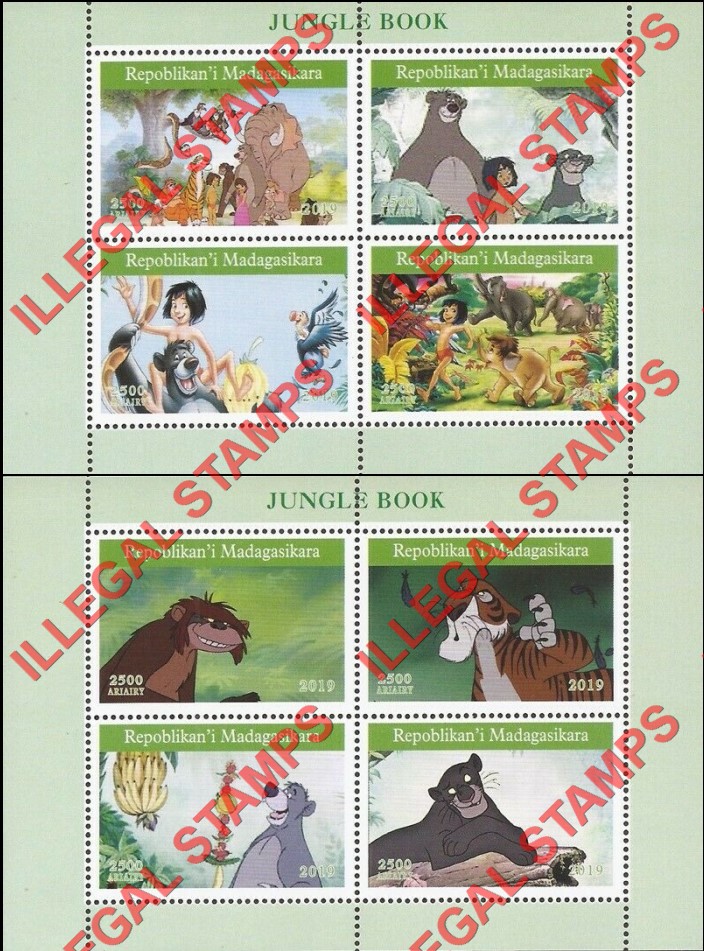 Madagascar 2019 Jungle Book Illegal Stamp Souvenir Sheets of 4 Madagascar 2019 Jungle Book Illegal Stamp Souvenir Sheets of 4