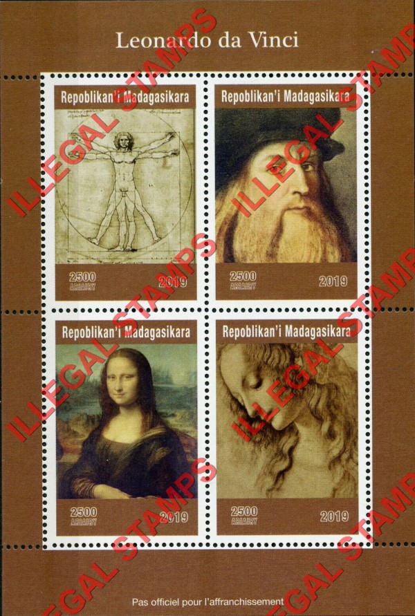 Madagascar 2019 Leonardo da Vinci Illegal Stamp Souvenir Sheet of 4 Madagascar 2019 Leonardo da Vinci Illegal Stamp Souvenir Sheet of 4