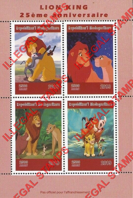 Madagascar 2019 Lion King 25th Anniversary Illegal Stamp Souvenir Sheet of 4 Madagascar 2019 Lion King 25th Anniversary Illegal Stamp Souvenir Sheet of 4