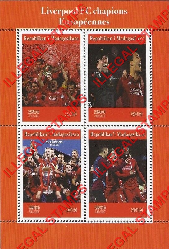 Madagascar 2019 Liverpool Soccer Champions Illegal Stamp Souvenir Sheet of 4 Madagascar 2019 Liverpool Soccer Champions Illegal Stamp Souvenir Sheet of 4
