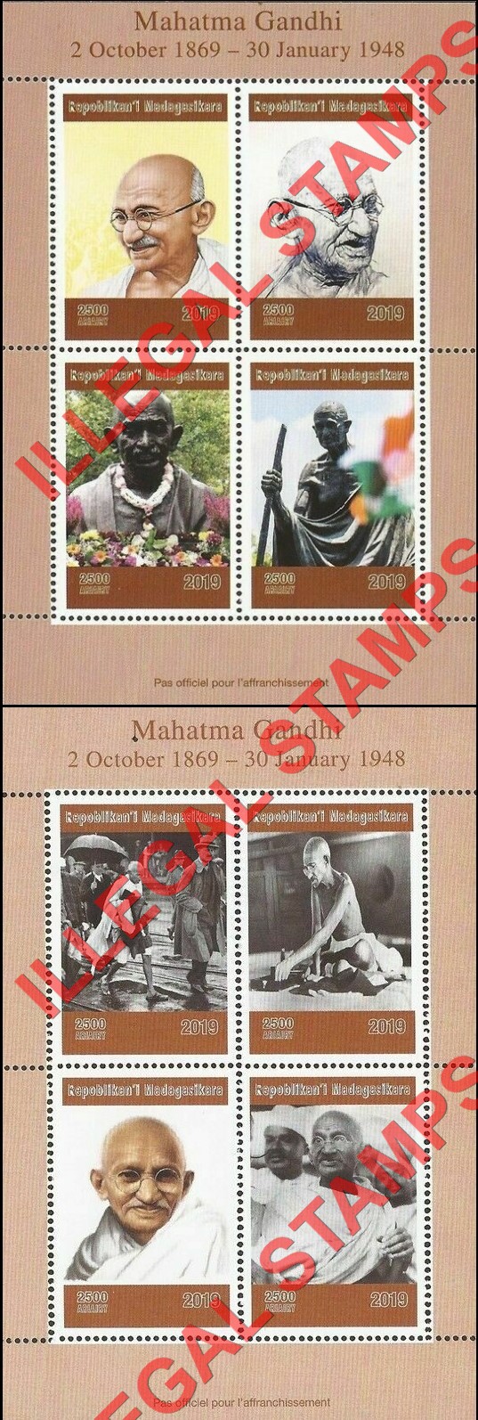 Madagascar 2019 Mahatma Gandhi Illegal Stamp Souvenir Sheets of 4 Madagascar 2019 Mahatma Gandhi Illegal Stamp Souvenir Sheets of 4