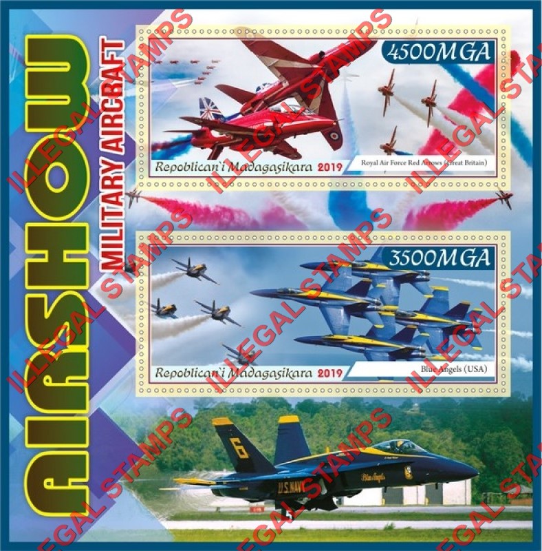 Madagascar 2019 Military Aircraft Airshow Illegal Stamp Souvenir Sheet of 2 Madagascar 2019 Military Aircraft Airshow Illegal Stamp Souvenir Sheet of 2