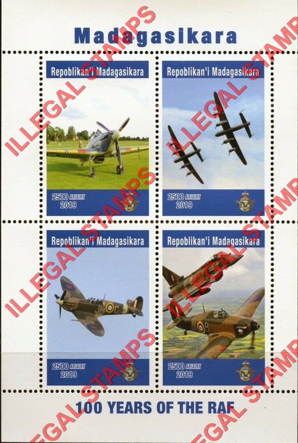 Madagascar 2019 Military Fighter Planes RAF Illegal Stamp Souvenir Sheet of 4 Madagascar 2019 Military Fighter Planes RAF Illegal Stamp Souvenir Sheet of 4