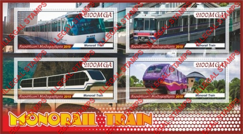 Madagascar 2019 Monorail Trains Illegal Stamp Souvenir Sheet of 4 Madagascar 2019 Monorail Trains Illegal Stamp Souvenir Sheet of 4