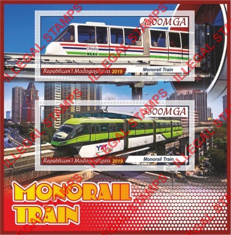 Madagascar 2019 Monorail Trains Illegal Stamp Souvenir Sheet of 2 Madagascar 2019 Monorail Trains Illegal Stamp Souvenir Sheet of 2