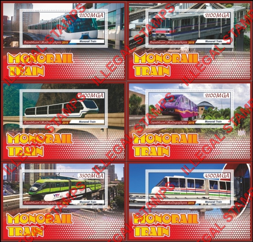 Madagascar 2019 Monorail Trains Illegal Stamp Souvenir Sheets of 1 Madagascar 2019 Monorail Trains Illegal Stamp Souvenir Sheets of 1