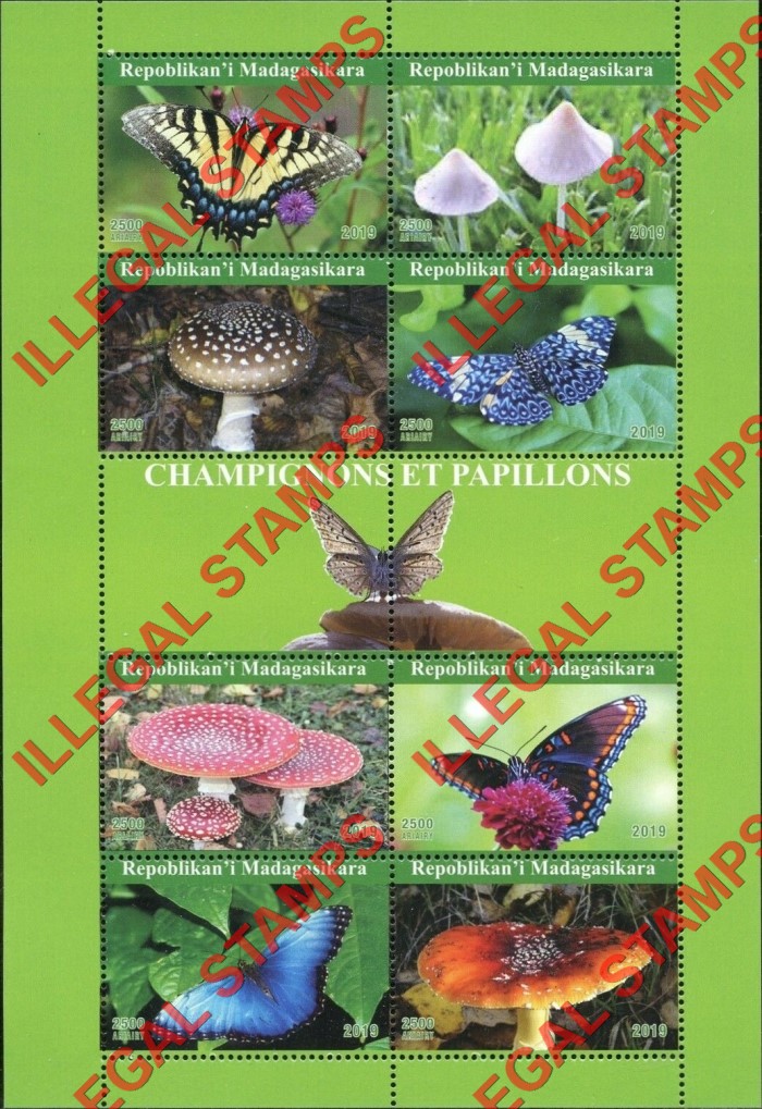 Madagascar 2019 Mushrooms and Butterflies Illegal Stamp Souvenir Sheet of 8 Madagascar 2019 Mushrooms and Butterflies Illegal Stamp Souvenir Sheet of 8