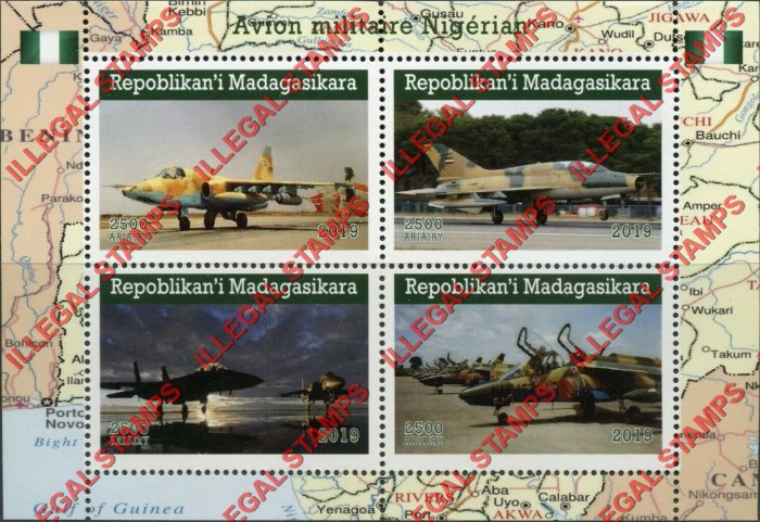Madagascar 2019 Nigerian Military Aircraft Illegal Stamp Souvenir Sheet of 4 Madagascar 2019 Nigerian Military Aircraft Illegal Stamp Souvenir Sheet of 4