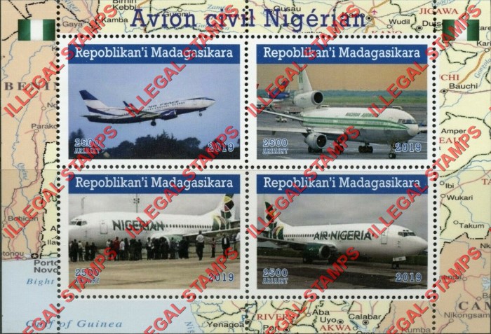 Madagascar 2019 Nigerian Passenger Airplanes Illegal Stamp Souvenir Sheet of 4 Madagascar 2019 Nigerian Passenger Airplanes Illegal Stamp Souvenir Sheet of 4