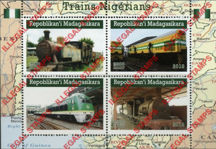 Madagascar 2019 Nigerian Trains Illegal Stamp Souvenir Sheet of 4 Madagascar 2019 Nigerian Trains Illegal Stamp Souvenir Sheet of 4
