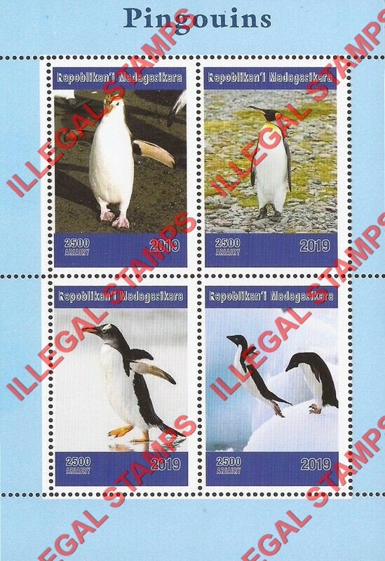 Madagascar 2019 Penguins Illegal Stamp Souvenir Sheet of 4 Madagascar 2019 Penguins Illegal Stamp Souvenir Sheet of 4
