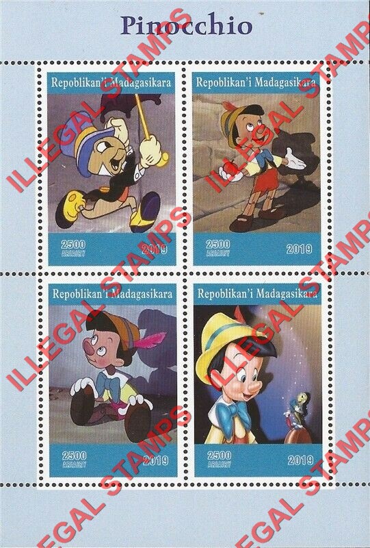 Madagascar 2019 Pinocchio Illegal Stamp Souvenir Sheet of 4 Madagascar 2019 Pinocchio Illegal Stamp Souvenir Sheet of 4