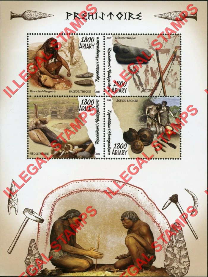 Madagascar 2019 Prehistoric Artifacts and Cavemen Illegal Stamp Souvenir Sheet of 4 Madagascar 2019 Prehistoric Artifacts and Cavemen Illegal Stamp Souvenir Sheet of 4
