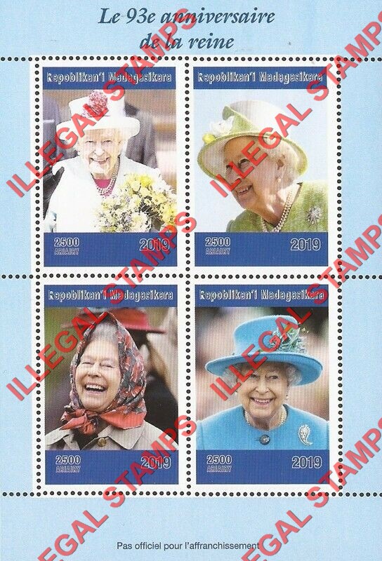 Madagascar 2019 Queen Elizabeth 93rd Anniversary Illegal Stamp Souvenir Sheet of 4 Madagascar 2019 Queen Elizabeth 93rd Anniversary Illegal Stamp Souvenir Sheet of 4