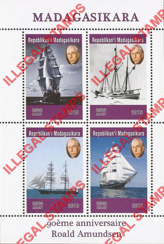 Madagascar 2019 Roald Amundsen 90th Anniversary Illegal Stamp Souvenir Sheet of 4 Madagascar 2019 Roald Amundsen 90th Anniversary Illegal Stamp Souvenir Sheet of 4