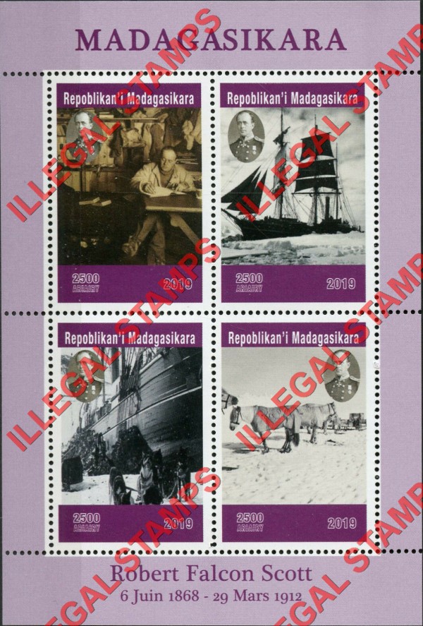 Madagascar 2019 Robert Falcon Scott Illegal Stamp Souvenir Sheet of 4 Madagascar 2019 Robert Falcon Scott Illegal Stamp Souvenir Sheet of 4