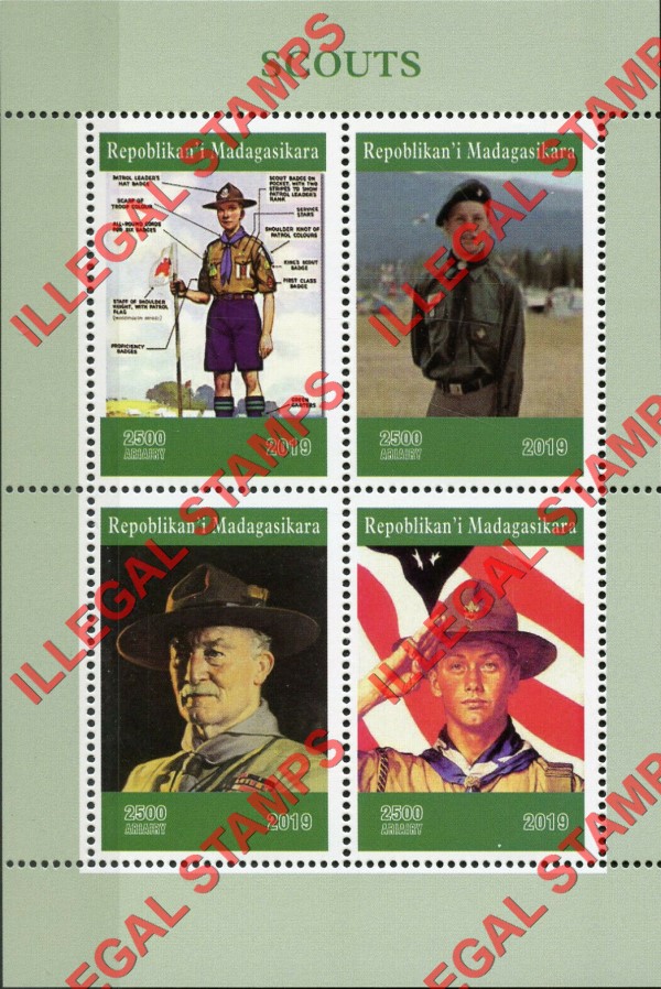 Madagascar 2019 Scouts Illegal Stamp Souvenir Sheet of 4 Madagascar 2019 Scouts Illegal Stamp Souvenir Sheet of 4