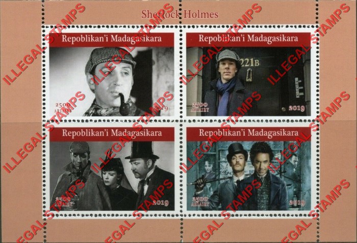 Madagascar 2019 Sherlock Holmes Illegal Stamp Souvenir Sheet of 4 Madagascar 2019 Sherlock Holmes Illegal Stamp Souvenir Sheet of 4
