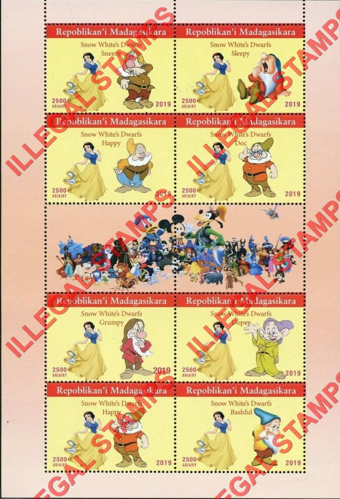 Madagascar 2019 Snow White Illegal Stamp Souvenir Sheet of 8 Madagascar 2019 Snow White Illegal Stamp Souvenir Sheet of 8